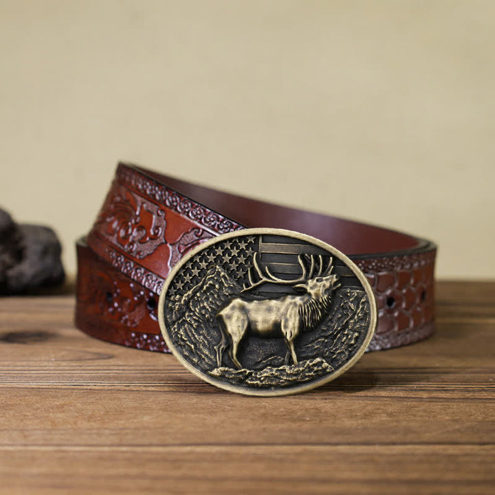 Cinturón de cuero con hebilla de bandera estadounidense con diseño de alce y ciervo para hombre