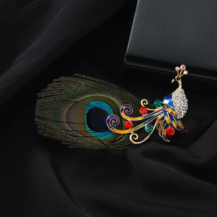 Broche étnico colorido de plumas de pavo real para mujer