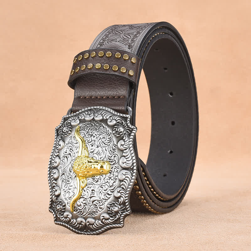 Cinturón de cuero de toro longhorn dorado con remaches punk para hombre