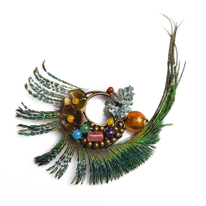 Broche de plumas de pavo real con diseño de flor de bronce retro para mujer