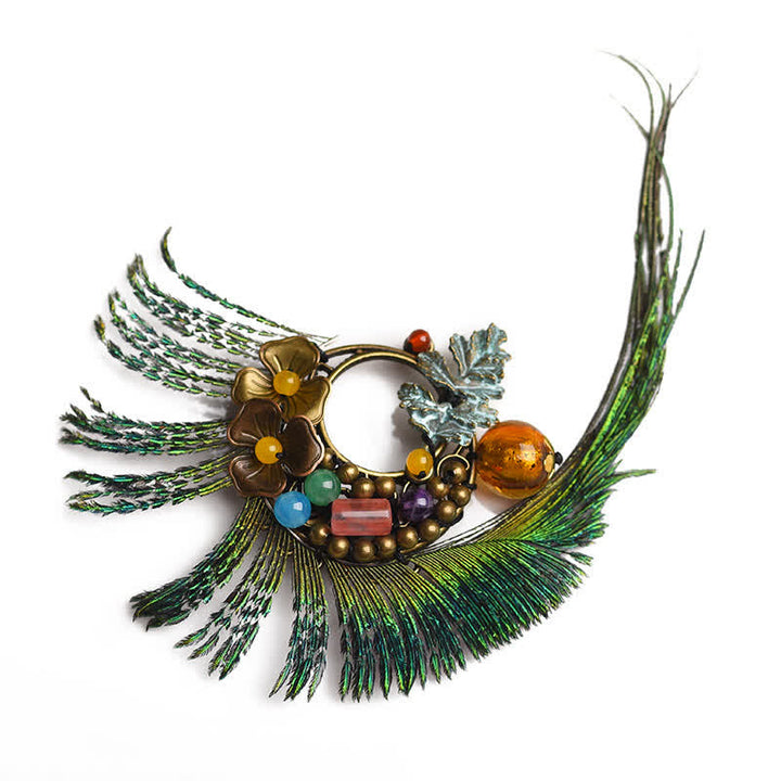 Broche de plumas de pavo real con diseño de flor de bronce retro para mujer