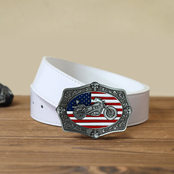 Cinturón de cuero con hebilla de calavera y bandera de EE. UU. para hombre, hecho a mano, con diseño de motocicleta