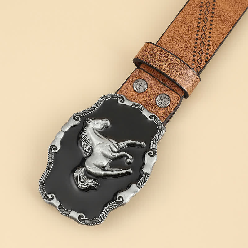 Cinturón de cuero con hebilla clásica de caballo corriendo en plata para hombre