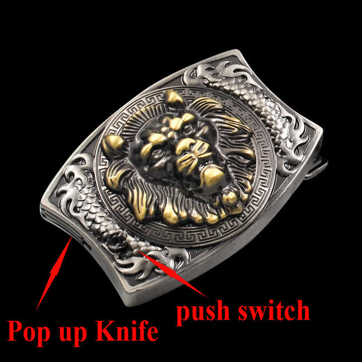 Cinturón de cuero con cuchillo plegable oculto de león dorado para hombre