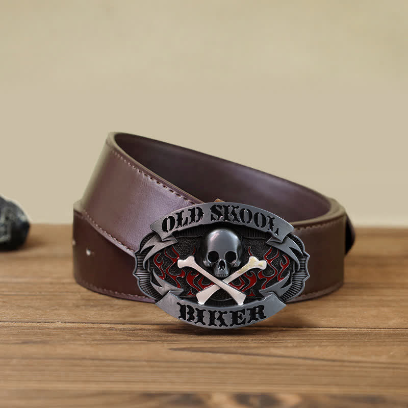 Cinturón de cuero con hebilla de calavera y huesos cruzados para hombre hecho a mano