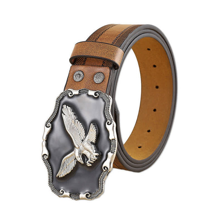 Cinturón de cuero con hebilla negra y águila en relieve plateado llamativo para hombre