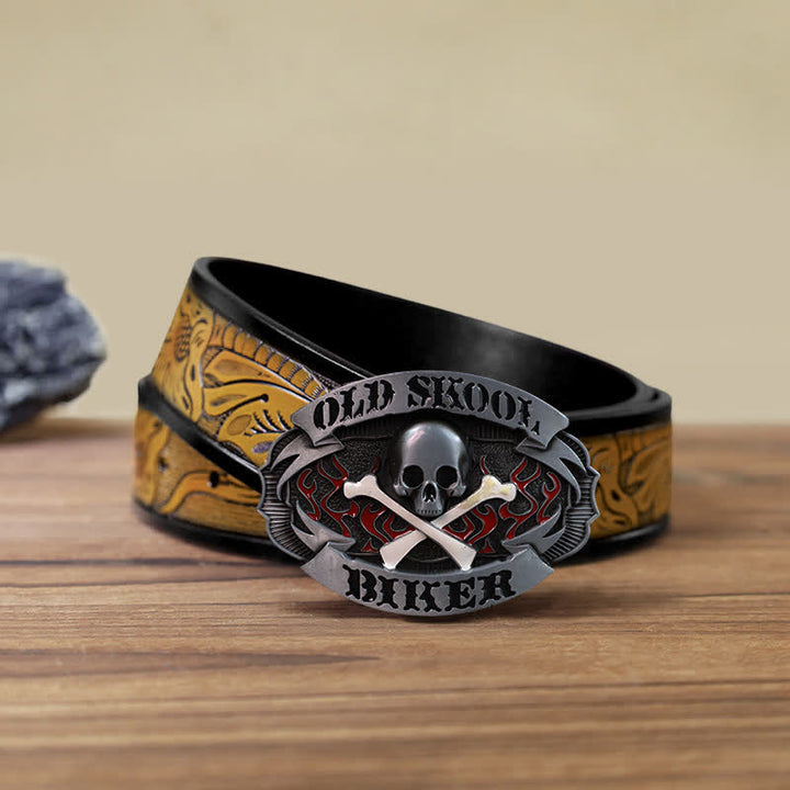 Cinturón de cuero con hebilla de calavera y huesos cruzados para hombre hecho a mano
