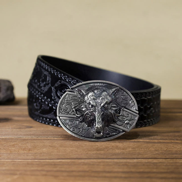 Cinturón de cuero con cuchillo plegable oculto con cabeza de lobo para hombre