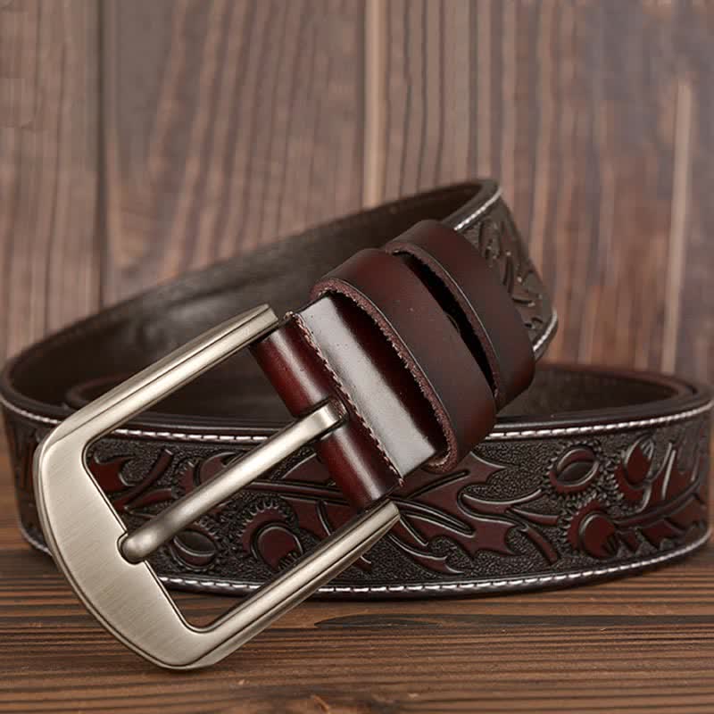 Cinturón de cuero con estampado floral en relieve para hombre