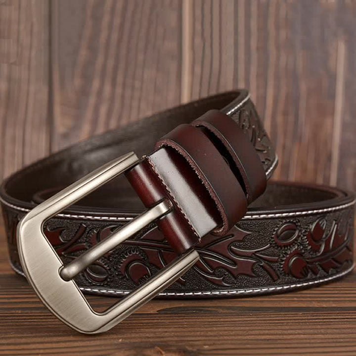 Cinturón de cuero con estampado floral en relieve para hombre
