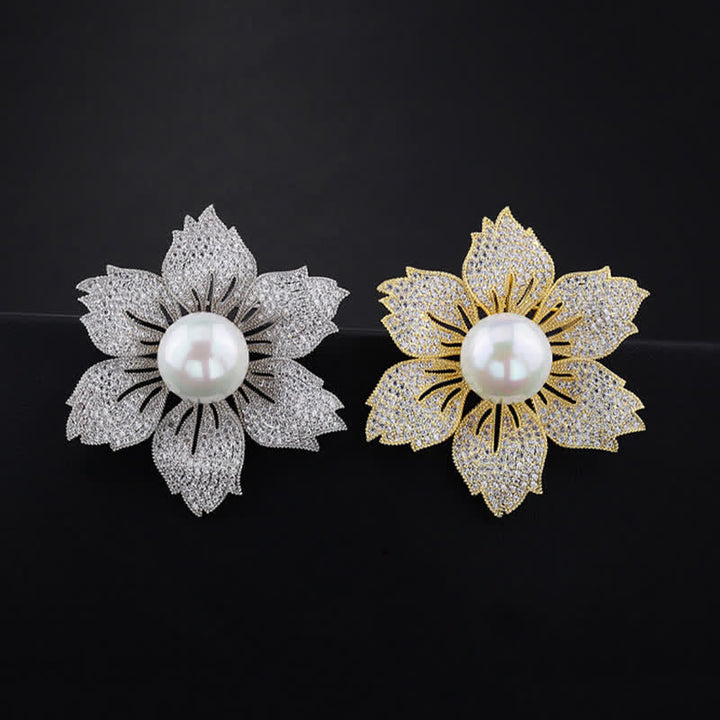 Broche de Bauhinia de lujo con perlas brillantes para mujer