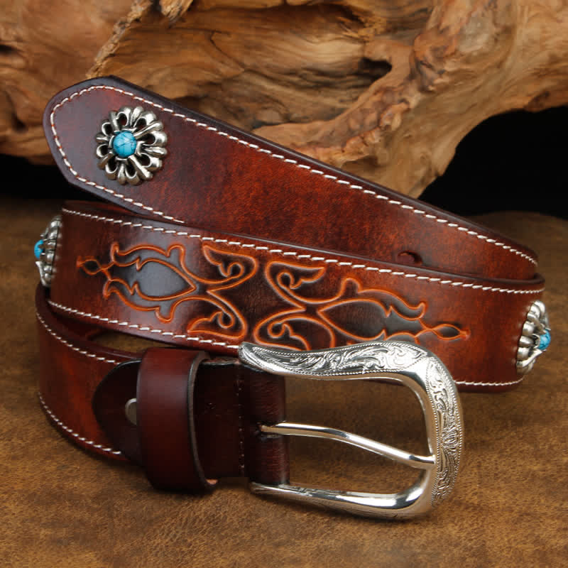 Cinturón unisex de cuero con flor turquesa marrón retro