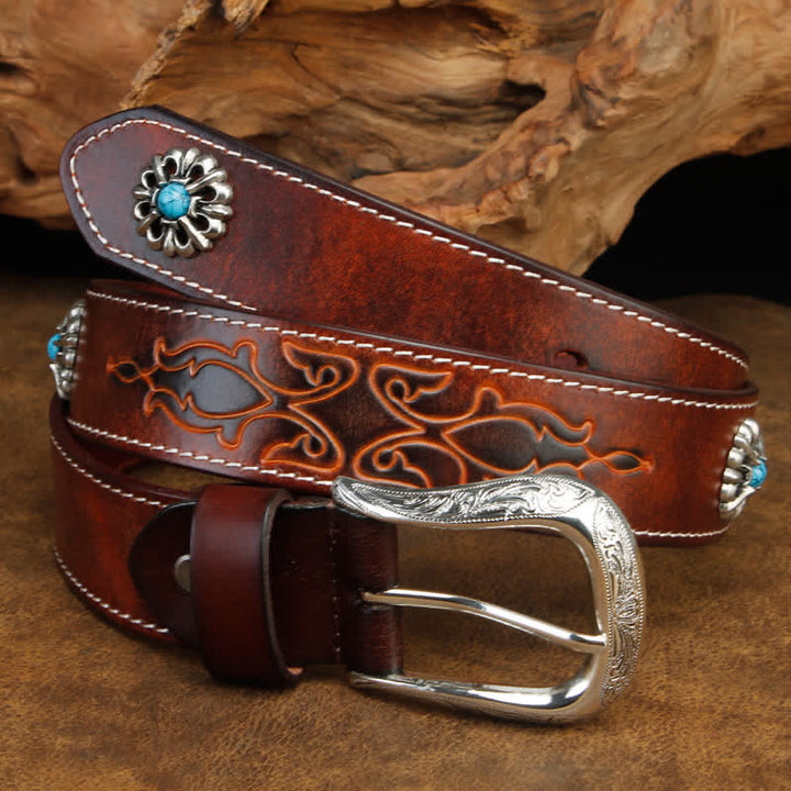 Cinturón unisex de cuero con flor turquesa marrón retro