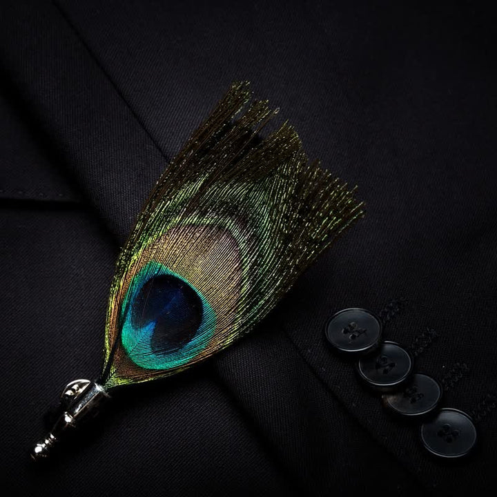 Pajarita de plumas de pavo real verde para niños con prendedor de solapa