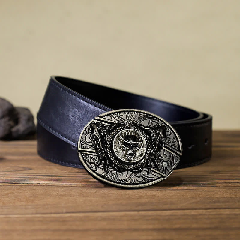 Cinturón de cuero con cuchillo plegable oculto y calavera giratoria para hombre