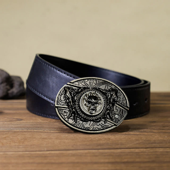 Cinturón de cuero con cuchillo plegable oculto y calavera giratoria para hombre