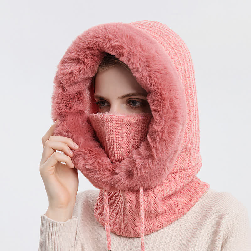 Gorro de punto con capucha y mascarilla de color caramelo para mujer