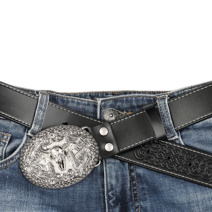 Cinturón de cuero para jeans con pluma grabada de toro para hombre