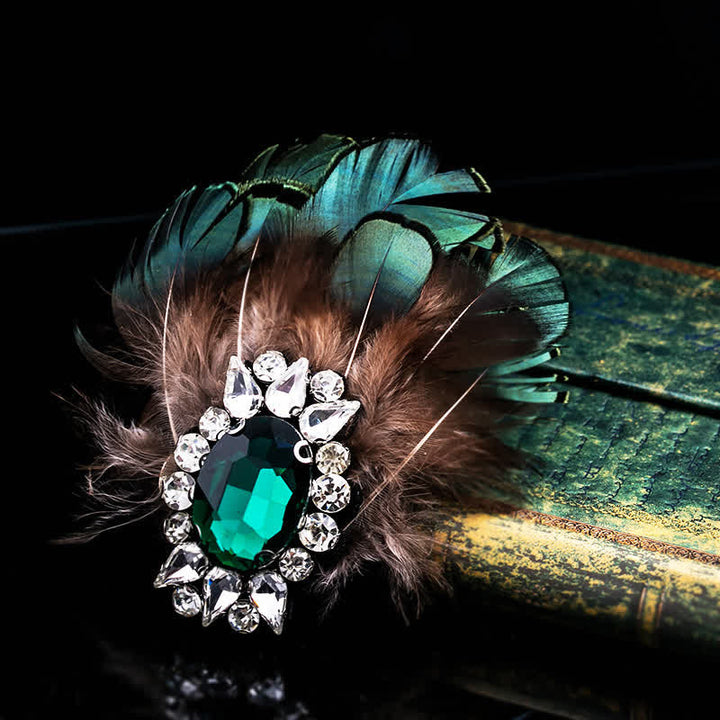 Broche de plumas de cristal verde oscuro para mujer
