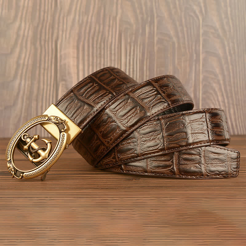 Cinturón de piel con estampado de cocodrilo y ancla náutica para hombre