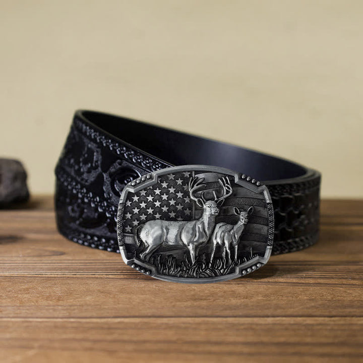 Cinturón de cuero con hebilla de bandera estadounidense para hombre, hecho a mano, con diseño de ciervos