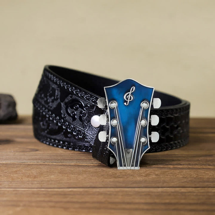 Cinturón de cuero con hebilla de clavijero de guitarra musical para hombre hecho a mano
