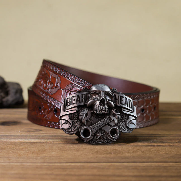 Cinturón de cuero con hebilla de calavera de pistón para hombre, hecho a mano con Gear Head