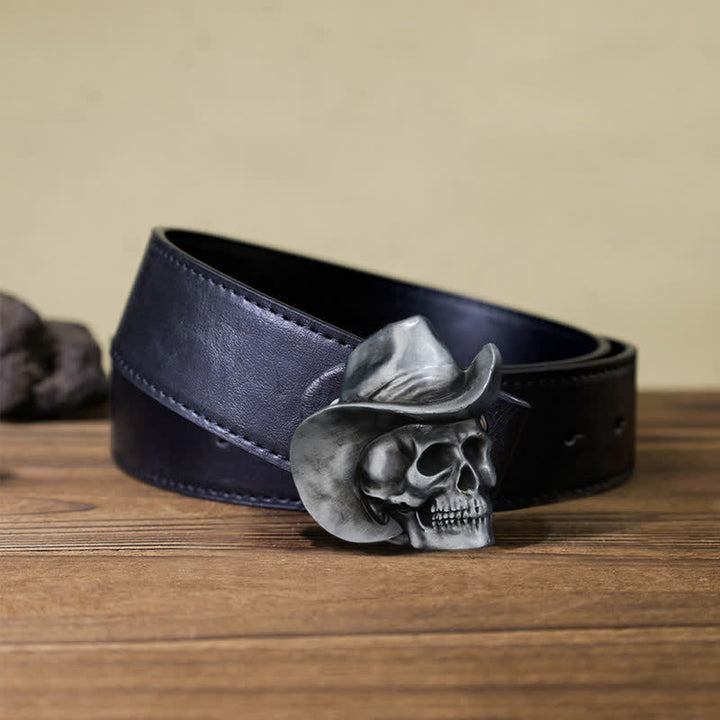 Cinturón de cuero con hebilla de sombrero y cabeza de calavera para hombre, hecho a mano