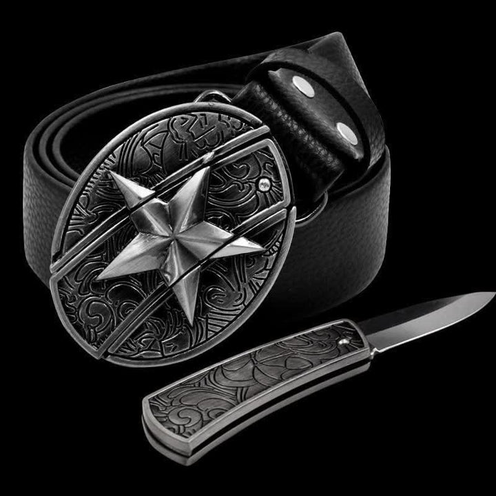 Cinturón de cuero con pentagrama para hombre con navaja plegable