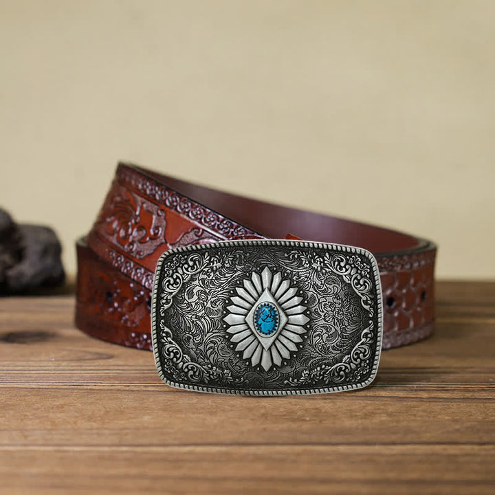 Cinturón de cuero con hebilla occidental turquesa cuadrada para hombre hecho a mano
