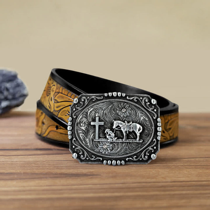 Cinturón de cuero con hebilla de oración de rodillas con cruz de caballo para hombre hecho a mano