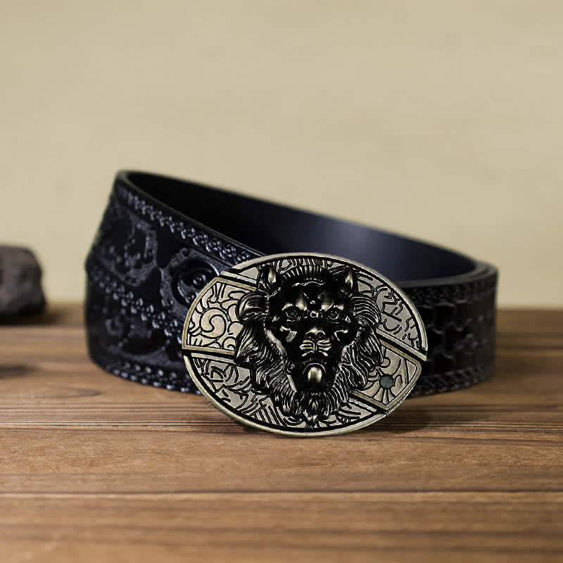 Cinturón de cuero con cuchillo plegable oculto con insignia de león para hombre