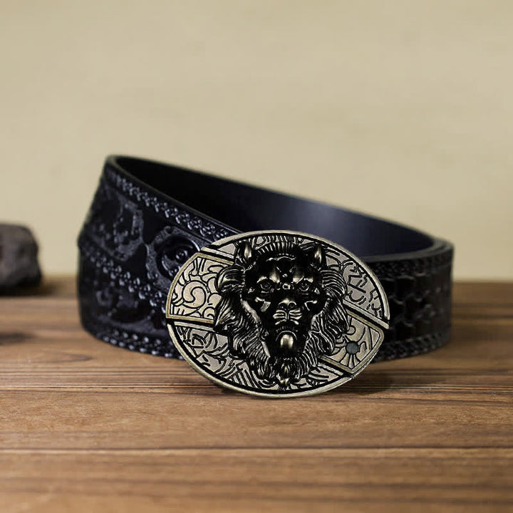 Cinturón de cuero con cuchillo plegable oculto con insignia de león para hombre