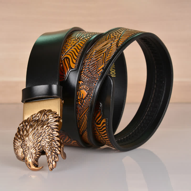 Cinturón de cuero con hebilla automática y cabeza de águila intrincada para hombre
