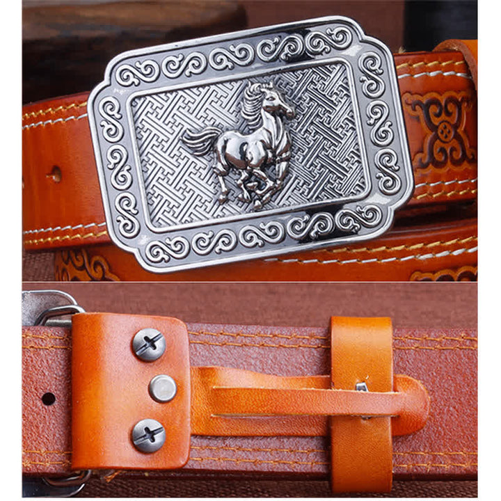 Cinturón de cuero de caballo plateado estilo vaquero étnico para hombre
