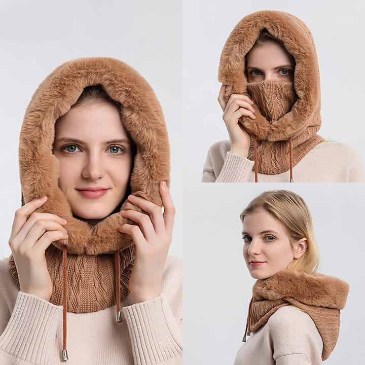 Gorro de punto con capucha y mascarilla de color caramelo para mujer