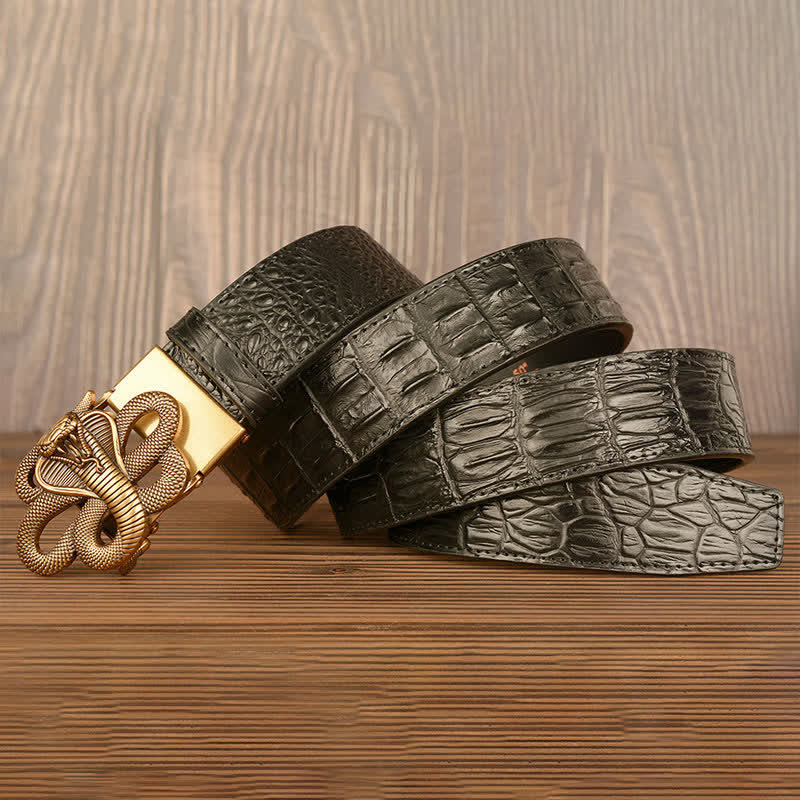 Cinturón de piel de cocodrilo con diseño de cobra rizada para hombre