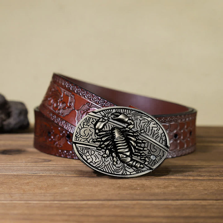 Cinturón de cuero con cuchillo plegable oculto de escorpión para hombre