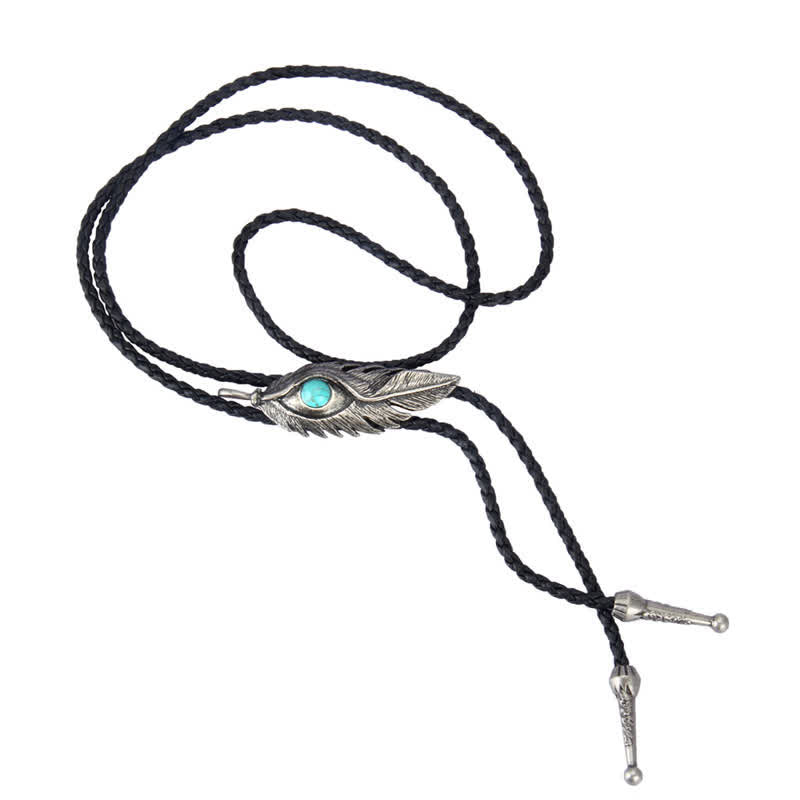 Corbata de bolo con forma de pluma e incrustaciones de piedra turquesa azul
