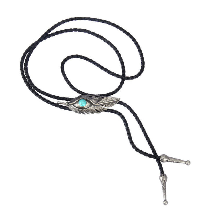 Corbata de bolo con forma de pluma e incrustaciones de piedra turquesa azul
