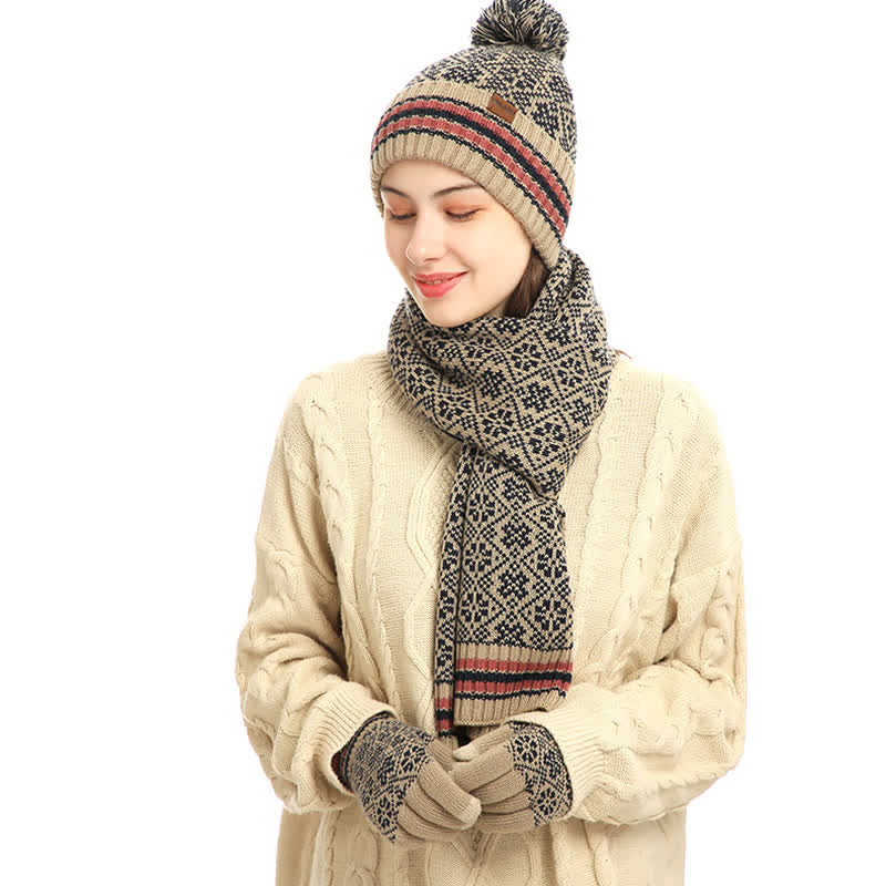 Juego de 3 guantes unisex con pantalla táctil, gorro y bufanda con copos de nieve
