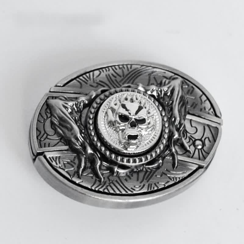 Cinturón de cuero con calavera giratoria y navaja plegable para hombre