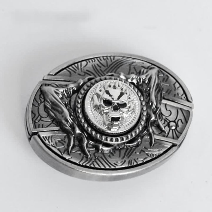 Cinturón de cuero con calavera giratoria y navaja plegable para hombre