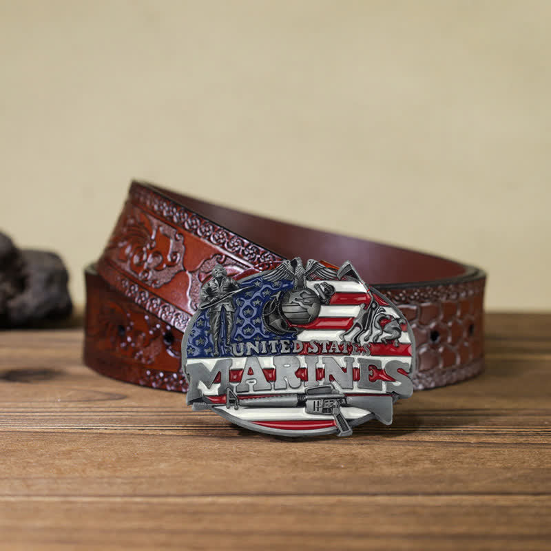Cinturón de cuero con hebilla de marines estadounidenses para hombre, hecho a mano