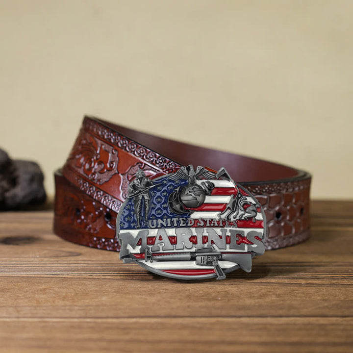 Cinturón de cuero con hebilla de marines estadounidenses para hombre, hecho a mano