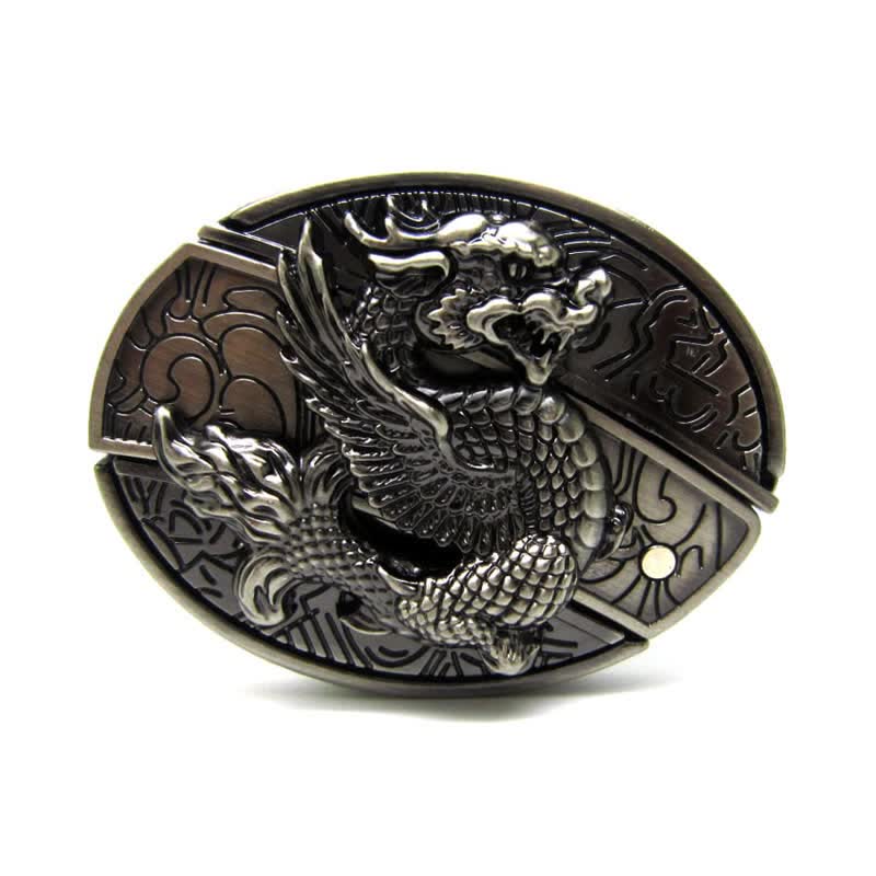 Cinturón de cuero con diseño de dragón volador para hombre con navaja plegable