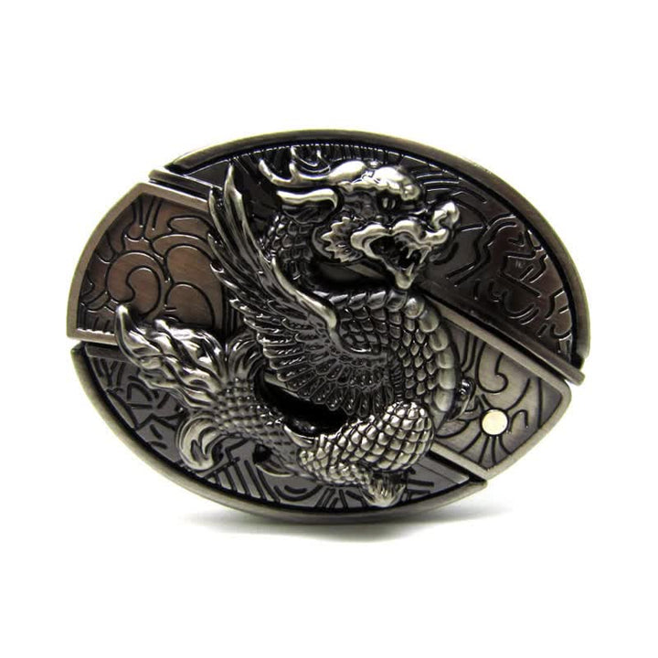 Cinturón de cuero con diseño de dragón volador para hombre con navaja plegable
