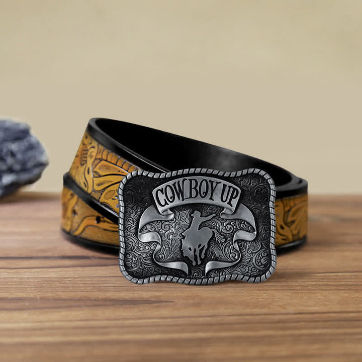 Cinturón de cuero con hebilla de caballo de rodeo para hombre, hecho a mano, con diseño de vaquero