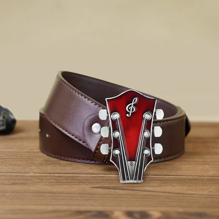 Cinturón de cuero con hebilla de clavijero de guitarra musical para hombre hecho a mano
