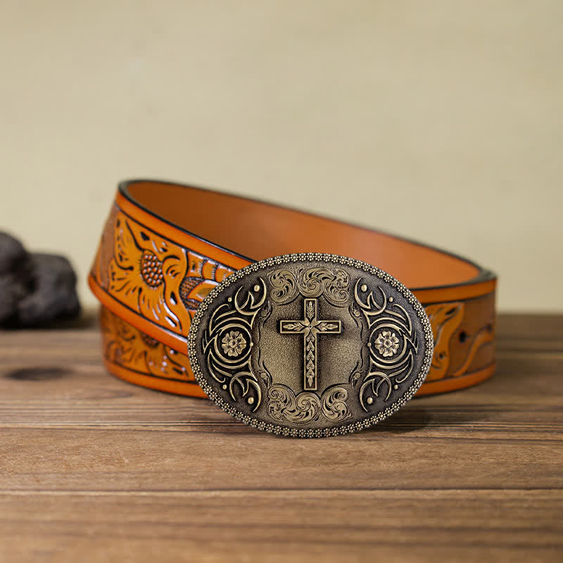 Cinturón de cuero con hebilla floral y cruz de fe para hombre, hecho a mano